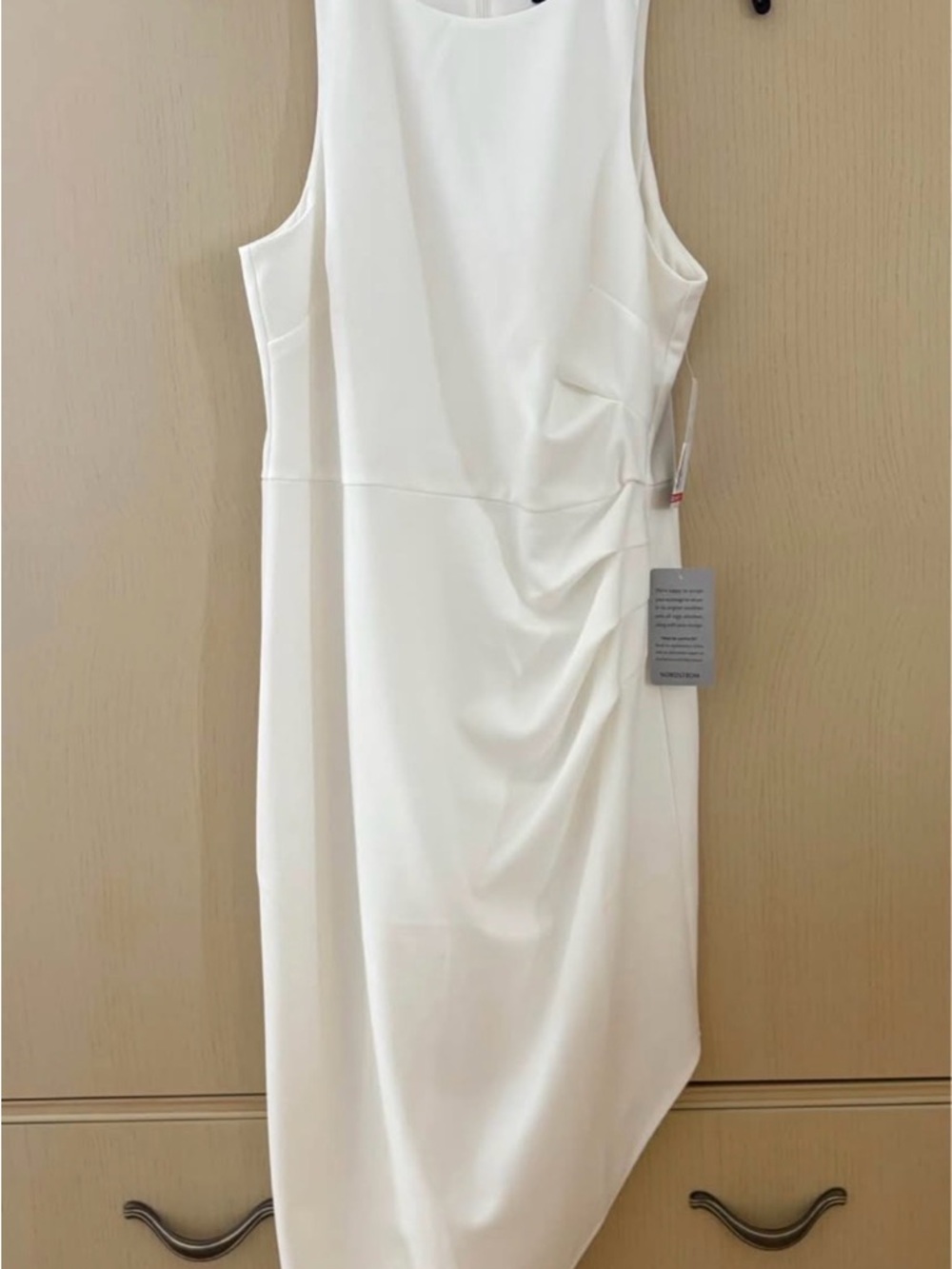 Sleeveless White Assymetrical Dress with Side Drape - BRAND NEW/TAGS - Size 10